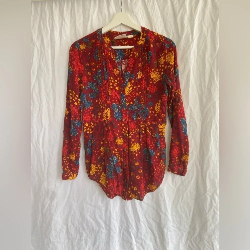 Anthropologie Maeve Floral Pintuck Boho Blouse Size Small - Picture 2 of 15